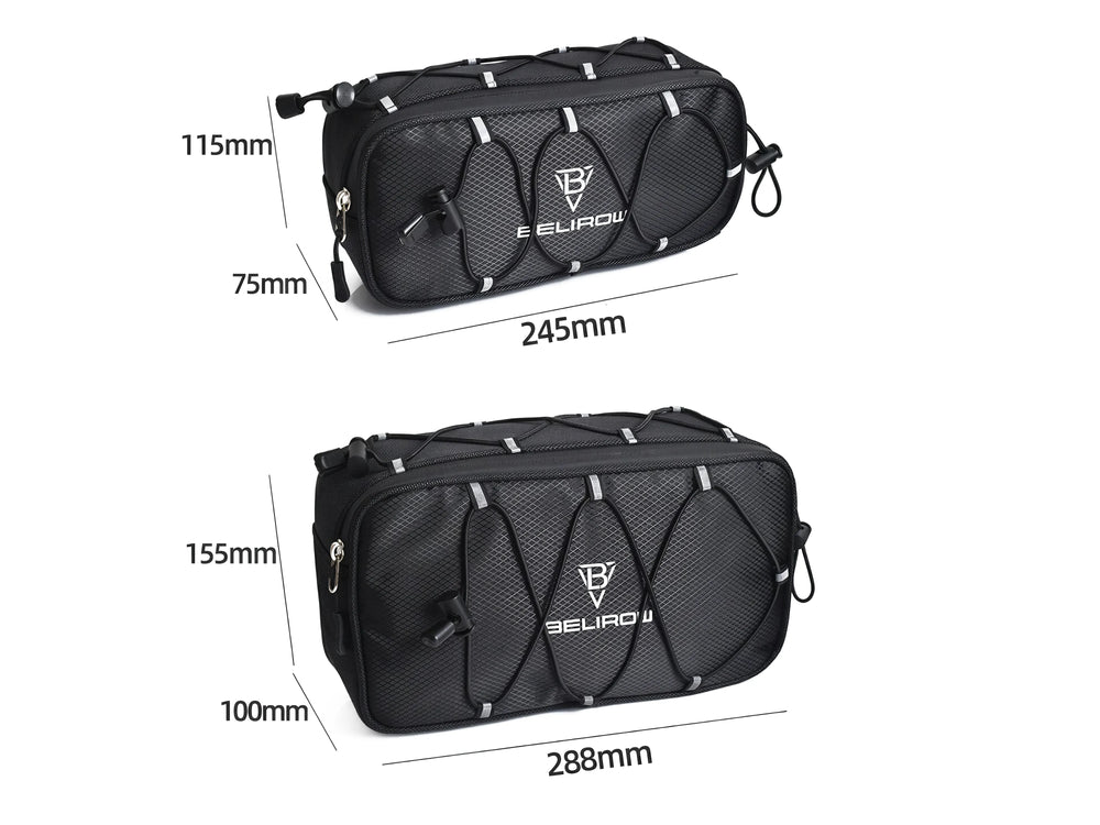Dimensions of two black BELIROU bicycle bags: small 245 × 115 × 75 mm; large 288 × 155 × 100 mm.