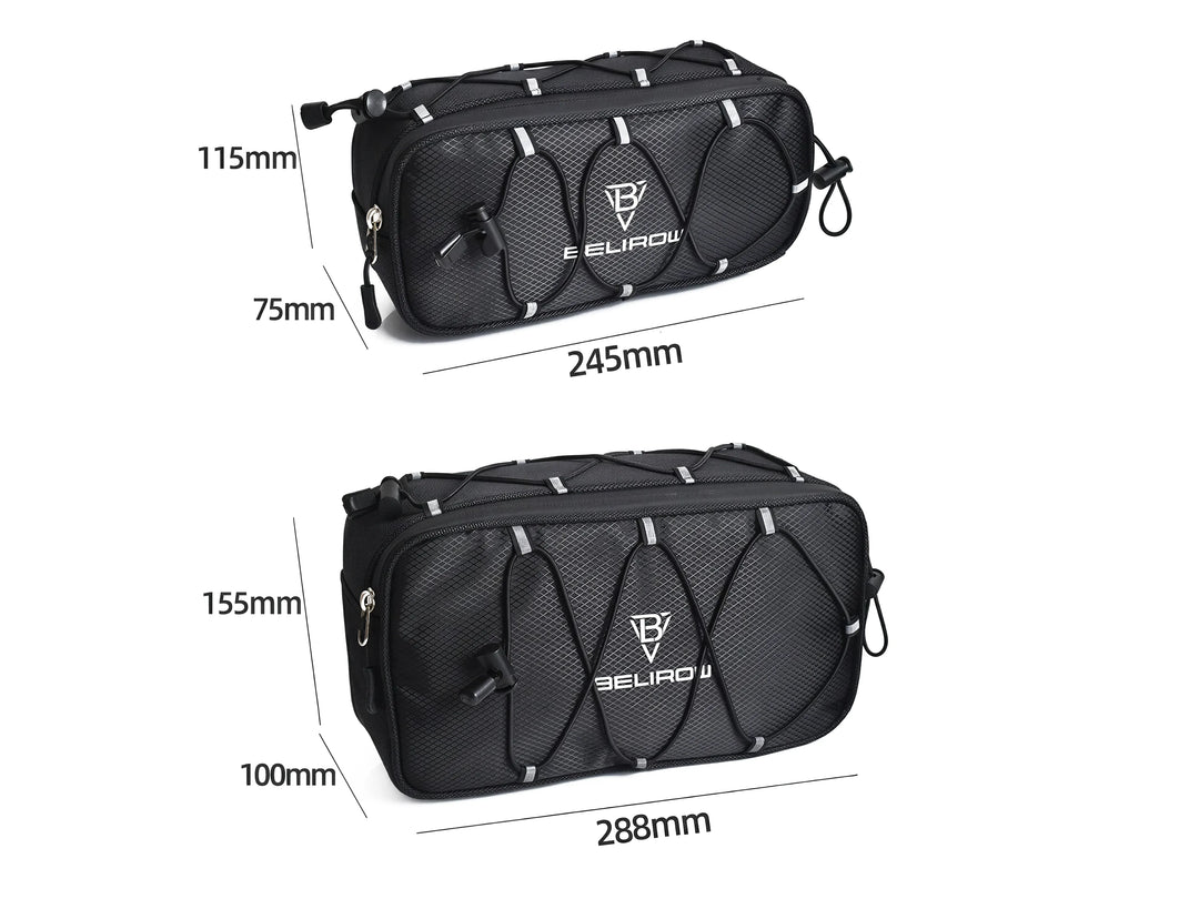 Dimensions of two black BELIROU bicycle bags: small 245 × 115 × 75 mm; large 288 × 155 × 100 mm.