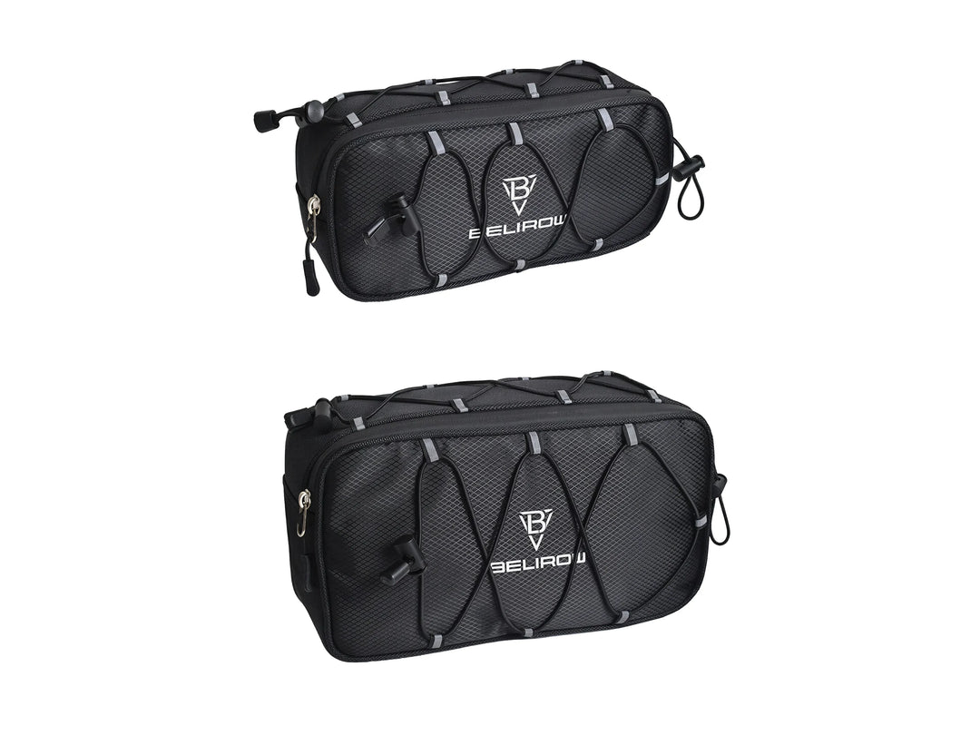 Two sizes of black BELIROU bicycle storage bags with zippered fronts and external elastic cords on a white background.