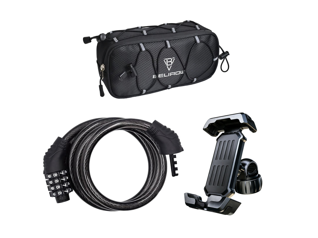 Bike accessory bundle with a black BELIROU storage bag, four-digit cable lock, and adjustable phone holder on a white background.