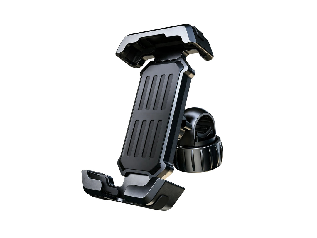 Black adjustable bicycle phone holder with a wide cradle and rotating mounting base on a white background.
