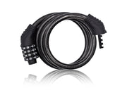 Coiled black bicycle cable lock with four combination dials on a white background.