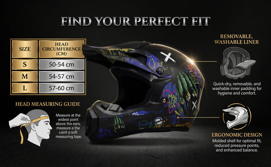 NEXVEY® size guide and head measurement chart for graffiti-style off-road motocross helmets, showing head circumference in cm for sizes S, M, L