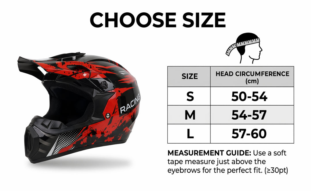 NEXVEY® size guide and measurement chart for red and black racing motocross helmets, showing head circumference in cm for sizes S, M, and L