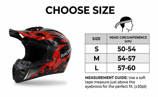NEXVEY® size guide and measurement chart for red and black racing motocross helmets, showing head circumference in cm for sizes S, M, and L