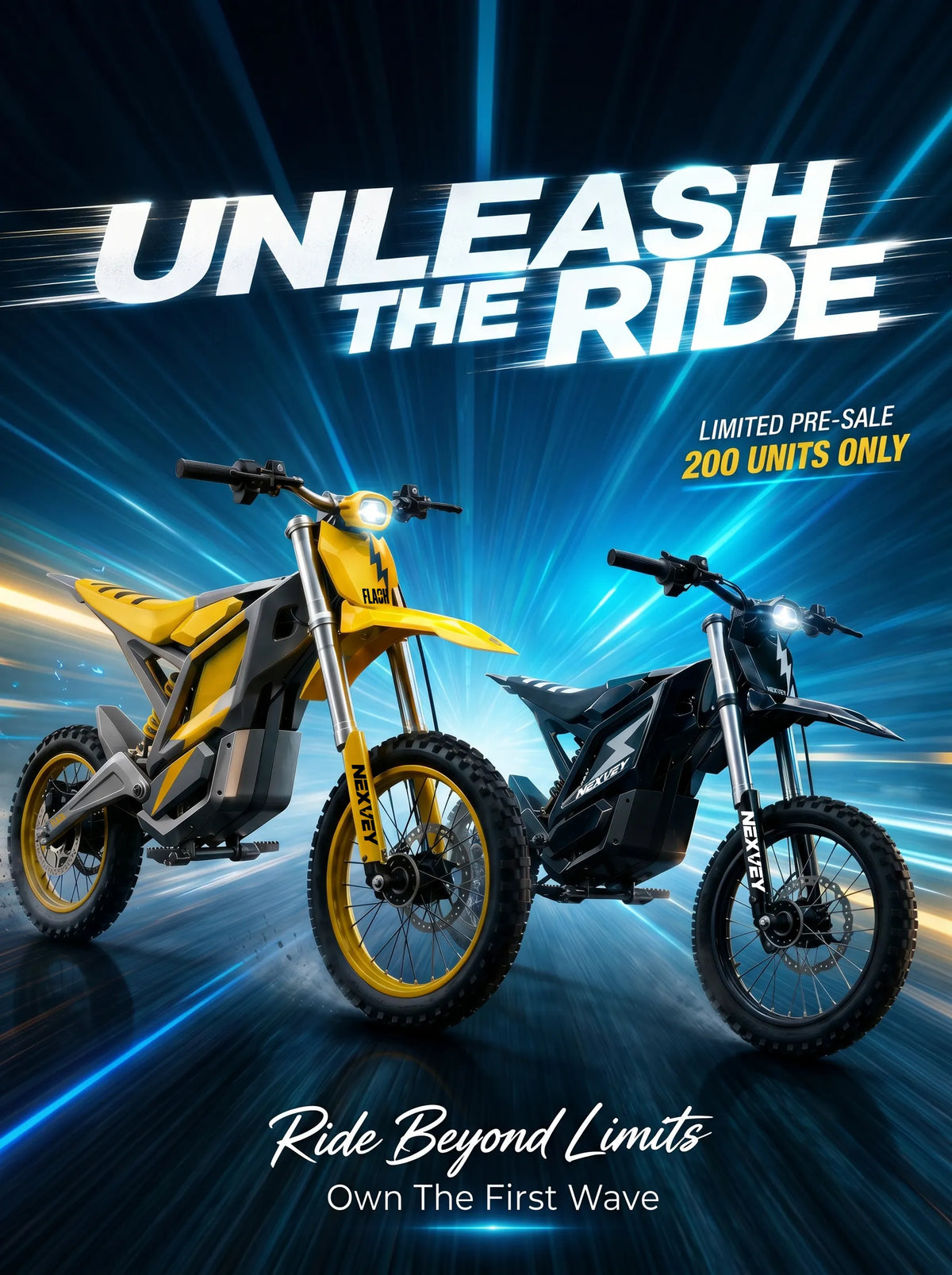 Promotional graphic for Nexvey teen electric dirt bike pre-order event, limited to 200 units only with sleek sports design.