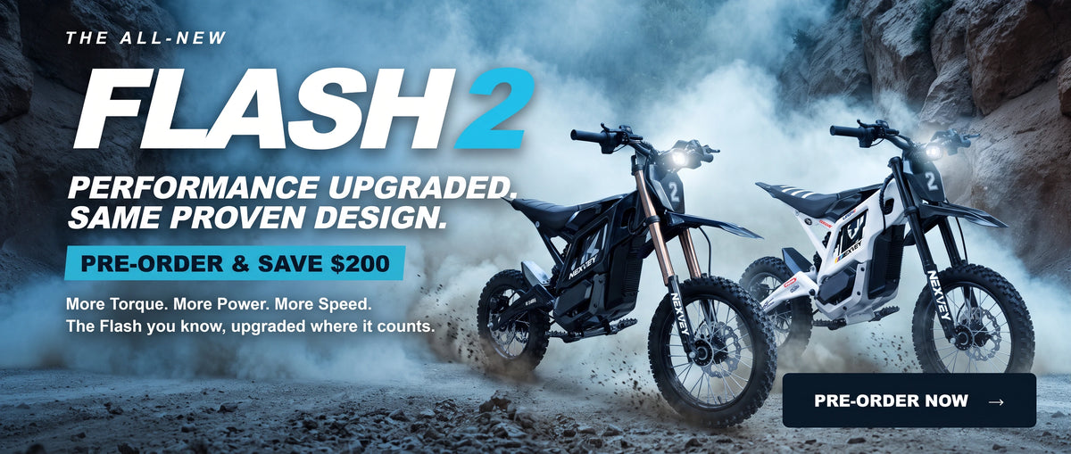 NEXVEY FLASH 2 black and white electric dirt bikes. Performance upgraded. Pre-order and save $200.