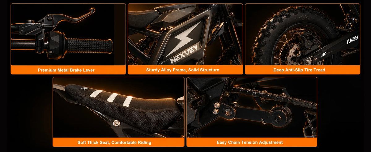NEXVEY FLASH 2 brake lever, suspension, off-road tire, seat and chain tension adjustment detail views