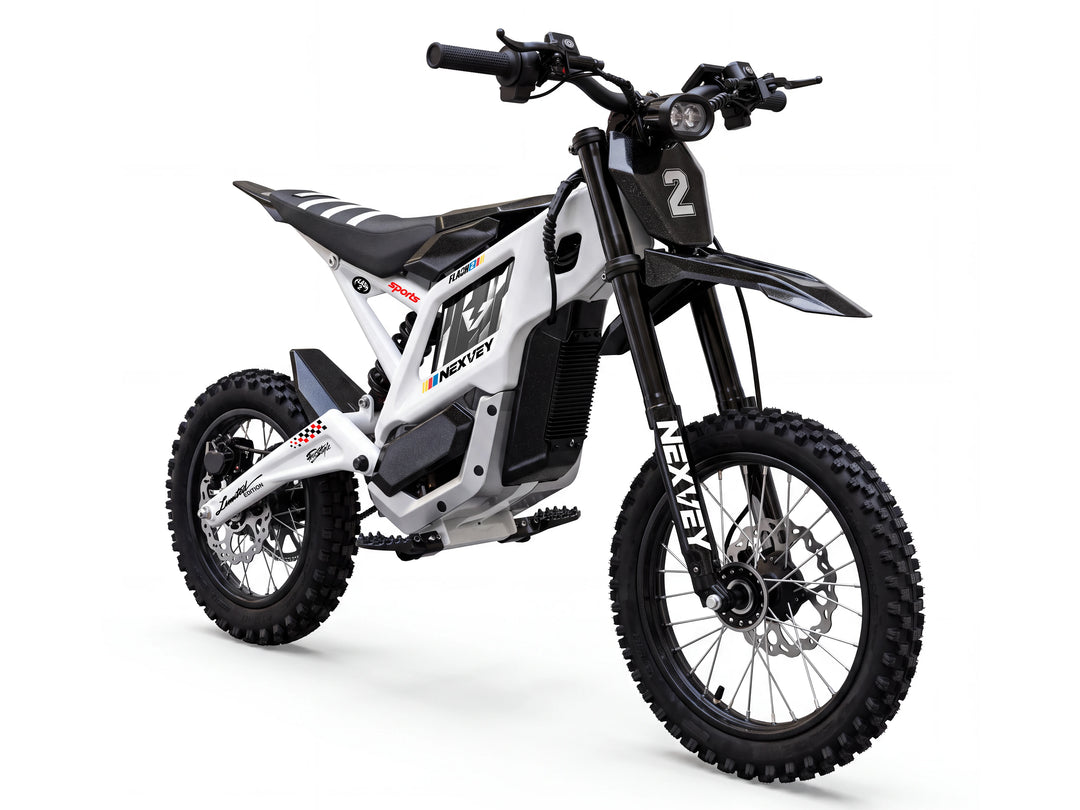 Front three-quarter view of a white NEXVEY FLASH 2 electric dirt bike on a white background