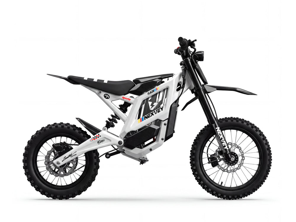 Side view of a white NEXVEY FLASH 2 electric dirt bike on a white background