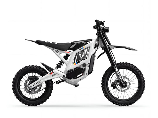Side view of a white NEXVEY FLASH 2 electric dirt bike on a white background