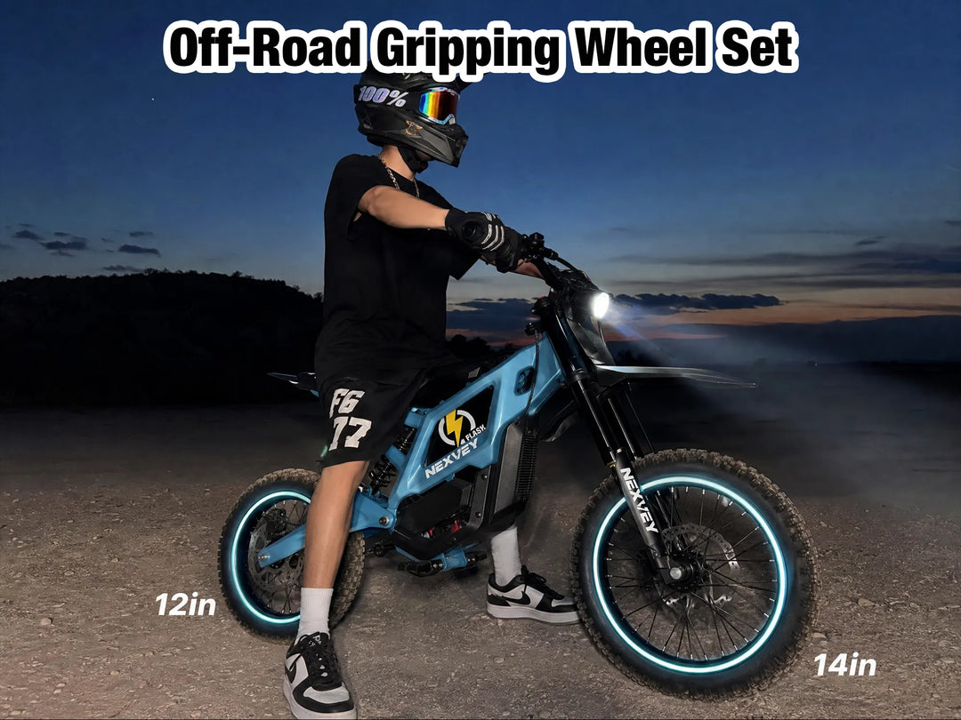 Blue NEXVEY Flash electric dirt bike featuring 14-inch front and 12-inch rear off-road gripping wheels
