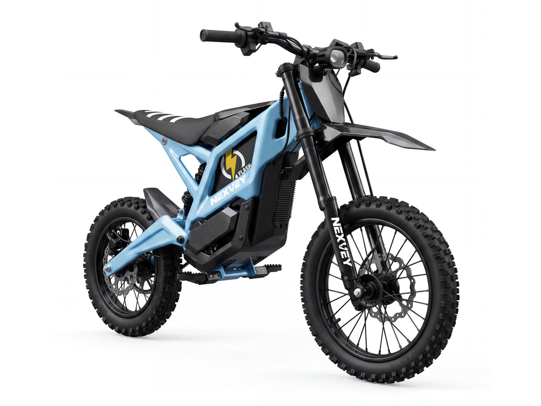Front three-quarter view of Nexvey Flash blue electric dirt bike