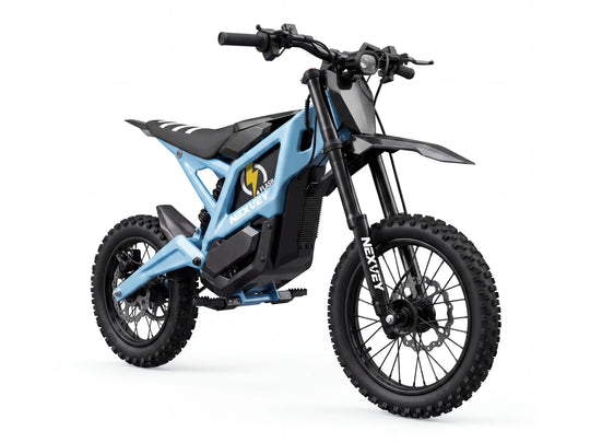 Front three-quarter view of Nexvey Flash blue electric dirt bike