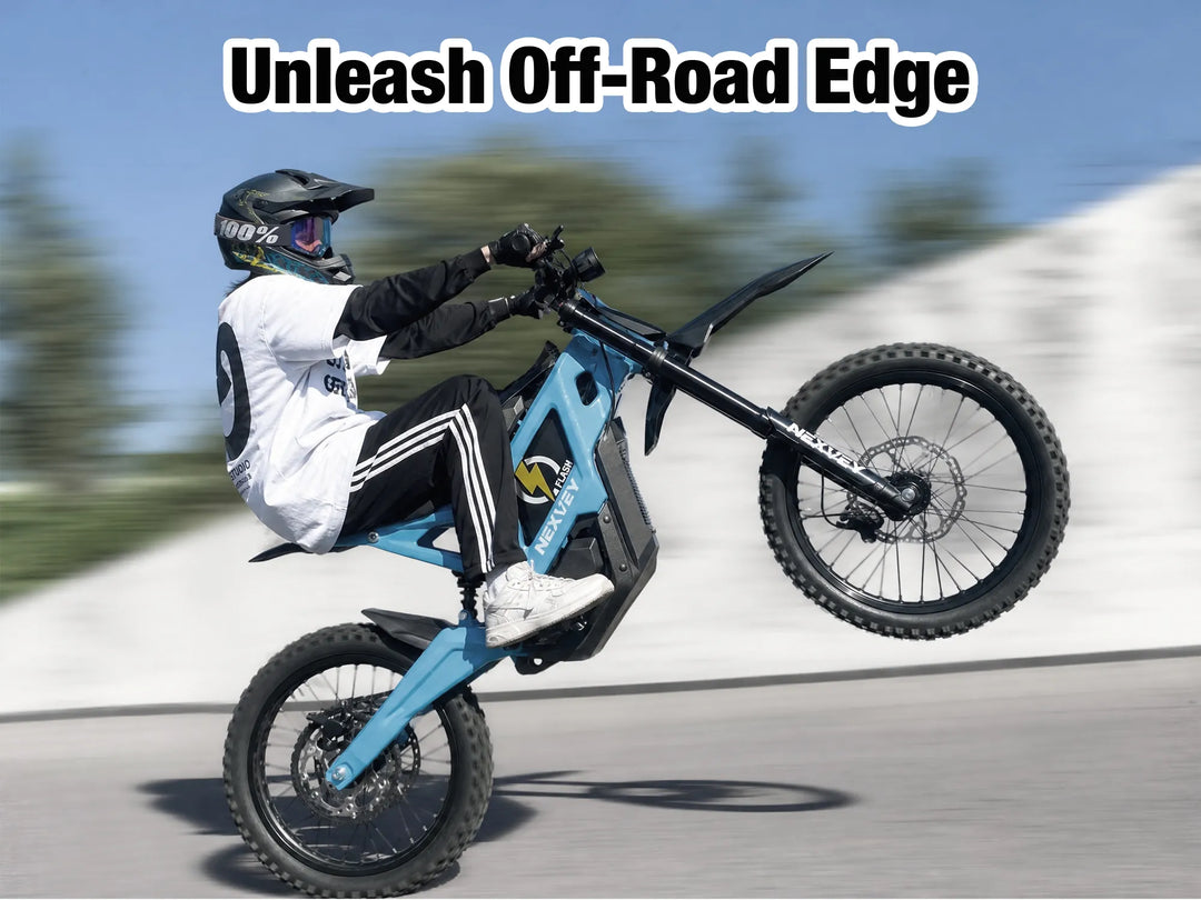 Rider performing a wheelie stunt on a blue NEXVEY Flash electric dirt bike