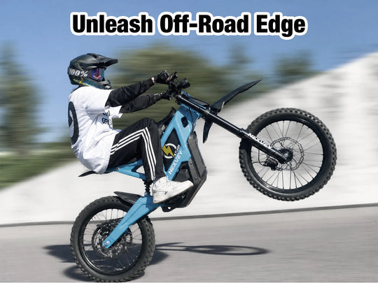 Rider performing a wheelie stunt on a blue NEXVEY Flash electric dirt bike