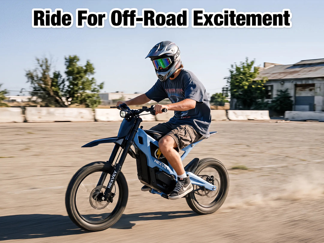 Young rider riding a blue NEXVEY Flash electric dirt bike off-road outdoors