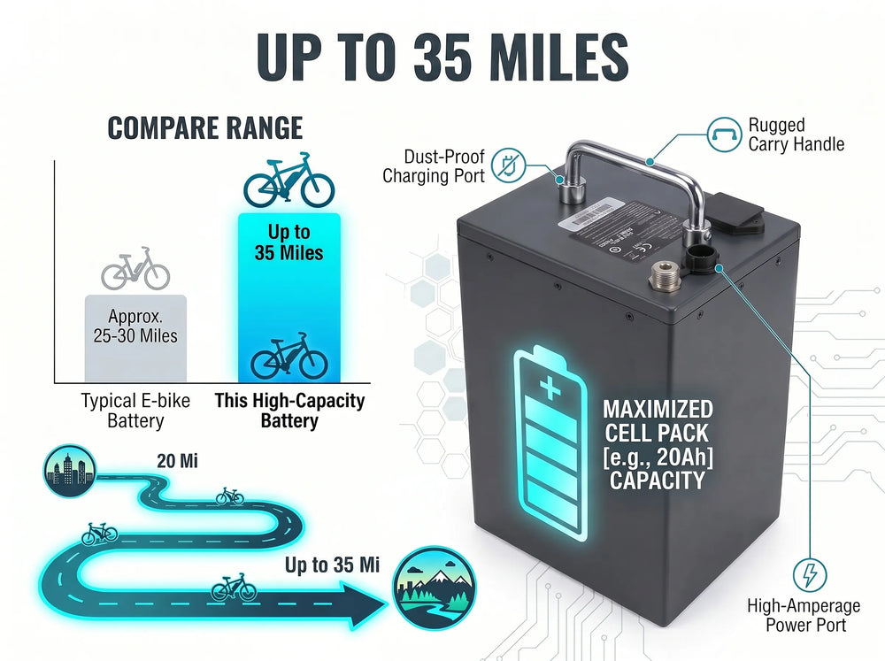 Infographic showing Nexvey FLASH electric dirt bike battery range comparison, highlighting up to 35 miles of travel compared to 25-30 miles for typical batteries, featuring 20Ah capacity and a rugged carry handle.
