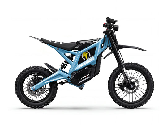 Light blue Nexvey Flash electric dirt bike with off-road tires and rear shock absorber