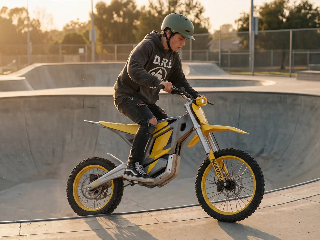 A teenage rider in a hoodie and helmet navigating the edge of a concrete bowl on a yellow NEXVEY FLASH electric dirt bike at a skatepark during sunset