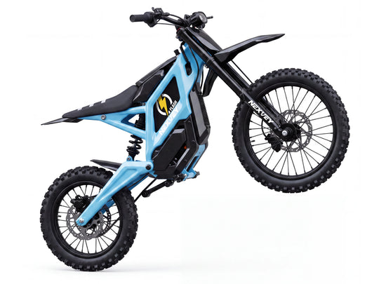 Light blue Nexvey Flash electric dirt bike with front wheel lifted off the ground.