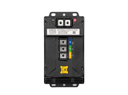 NEXVEY FLASH motor controller showing positive and negative power terminals, color-coded U, V, W phase terminals and wiring connectors
