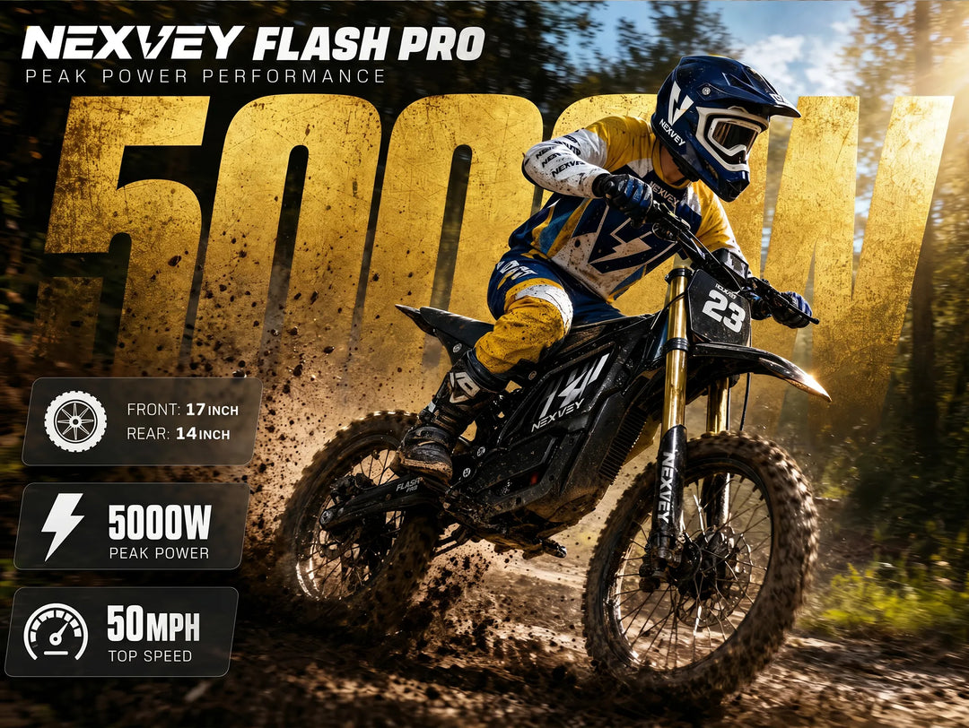 Nexvey Flash Pro promotional poster highlighting peak power performance with 5000W peak power, 50 MPH top speed, and 17-inch front, 14-inch rear tires for teen riders.