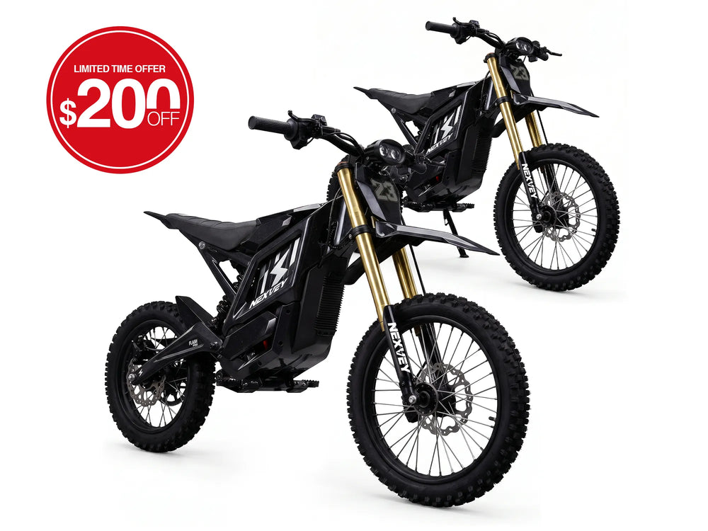NEXVEY FLASH PRO electric dirt bike 2-bike bundle in black duo on white background