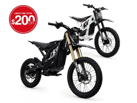NEXVEY FLASH PRO electric dirt bike 2-bike bundle in black and white on white background