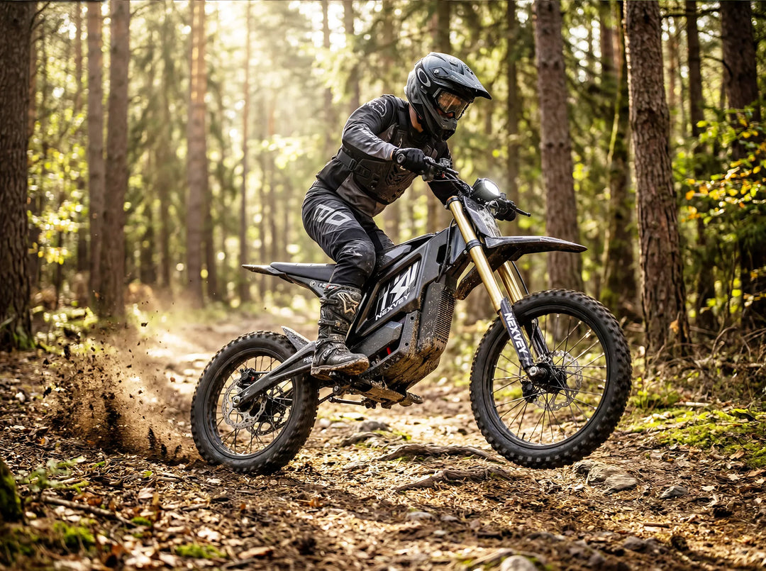 An action shot of a rider navigating the Nexvey Flash Pro electric dirt bike downhill through a sunlit forest trail, kicking up dirt to show premium traction