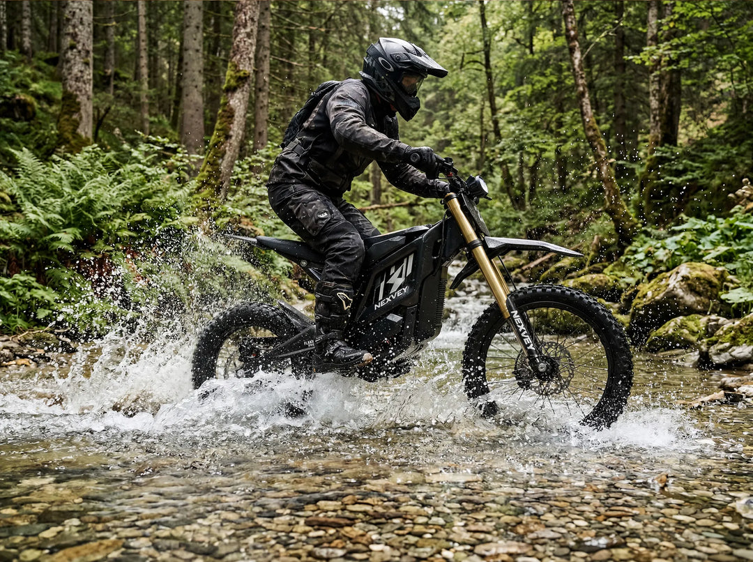 A rider splashing through a shallow creek on the Nexvey Flash Pro electric dirt bike, demonstrating its excellent water resistance and all-terrain capabilities for youth.