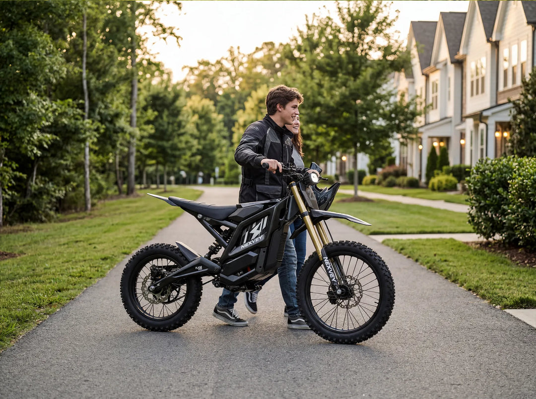A smiling teenage boy walking with the Nexvey Flash Pro electric motorcycle in a beautiful suburban neighborhood, hanging out with a friend