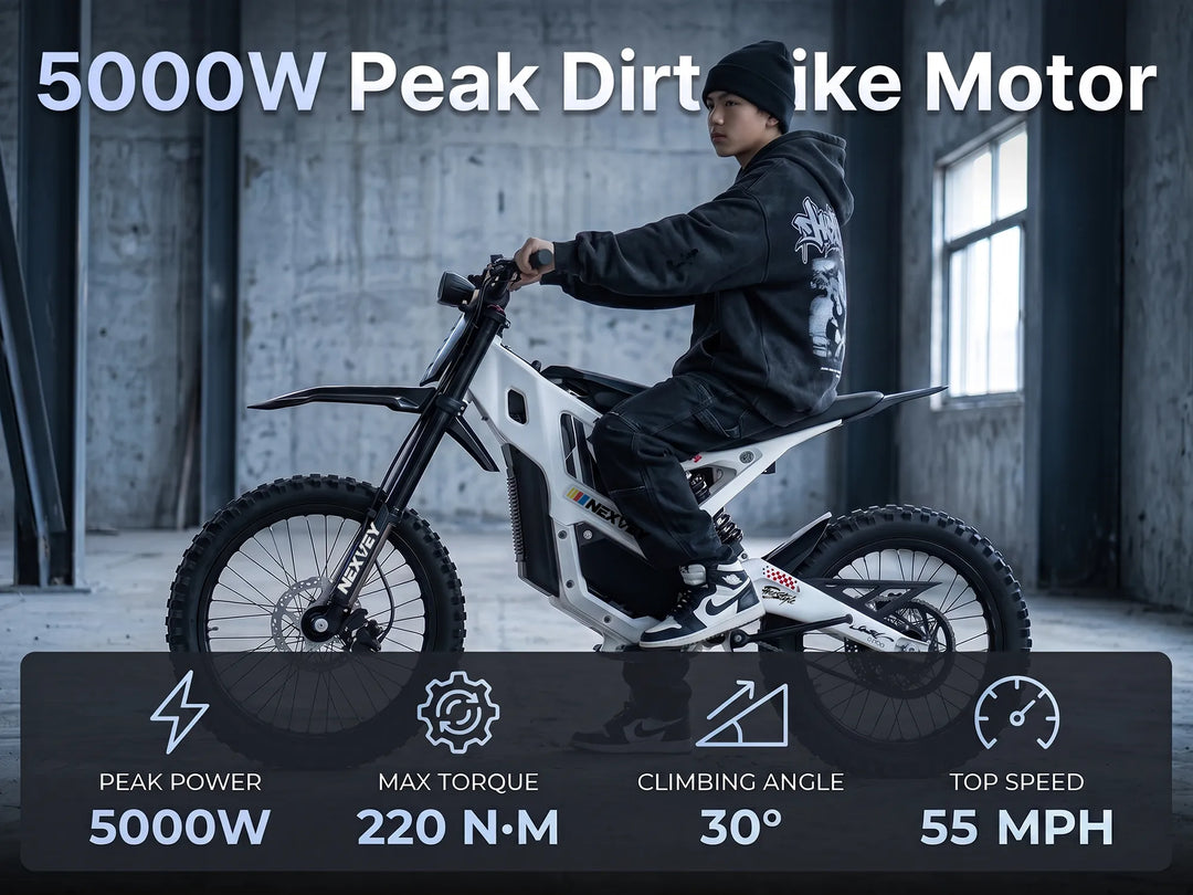Nexvey Flash Pro white youth electric dirt bike powered by a 5000W peak motor with 220 N.m torque and 55 mph top speed
