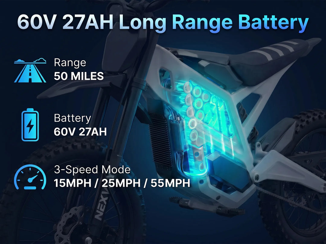Nexvey Flash Pro white electric dirt bike featuring a 60V 27Ah long range battery with up to 50 miles range and 55 mph top speed.