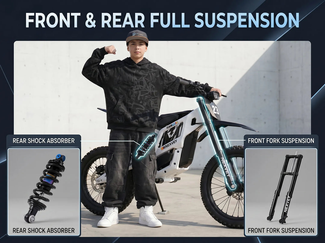 Nexvey Flash Pro white youth electric dirt bike featuring front fork suspension and rear shock absorber system