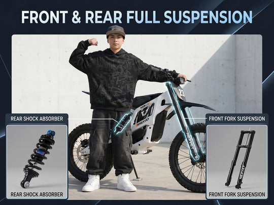 Nexvey Flash Pro white youth electric dirt bike featuring front fork suspension and rear shock absorber system