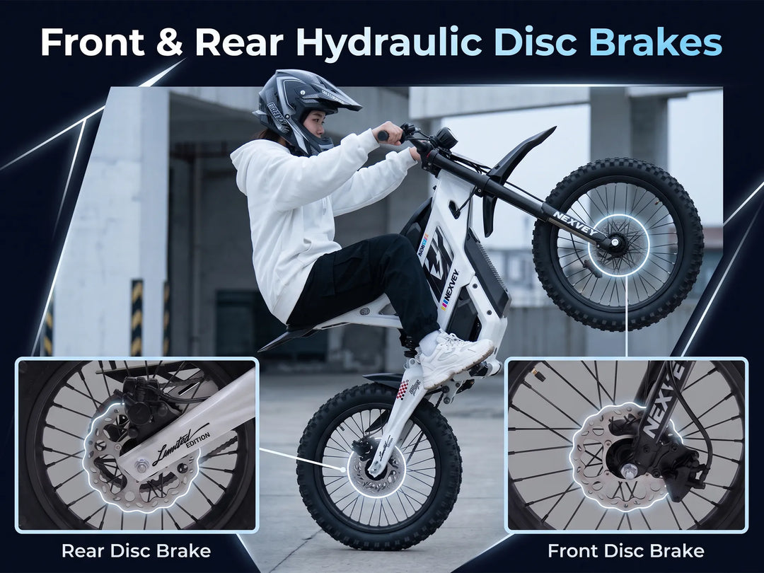 Nexvey Flash Pro white youth electric dirt bike featuring front and rear hydraulic disc brakes for superior stopping power.