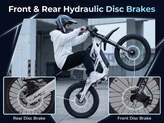 Nexvey Flash Pro white youth electric dirt bike featuring front and rear hydraulic disc brakes for superior stopping power.