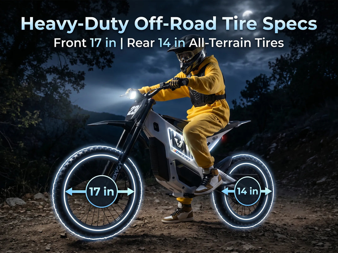 Nexvey Flash Pro white youth electric dirt bike equipped with front 17 inch and rear 14 inch heavy-duty all-terrain off-road tires.