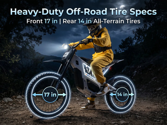 Nexvey Flash Pro white youth electric dirt bike equipped with front 17 inch and rear 14 inch heavy-duty all-terrain off-road tires.