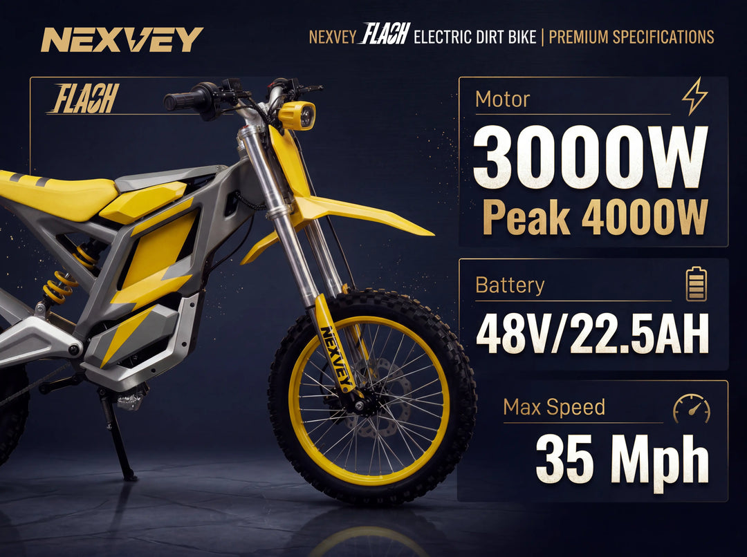 Premium specifications for the yellow NEXVEY FLASH electric dirt bike featuring a 3000W motor with 4000W peak power, a 48V 22.5Ah battery, and a max speed of 35 mph