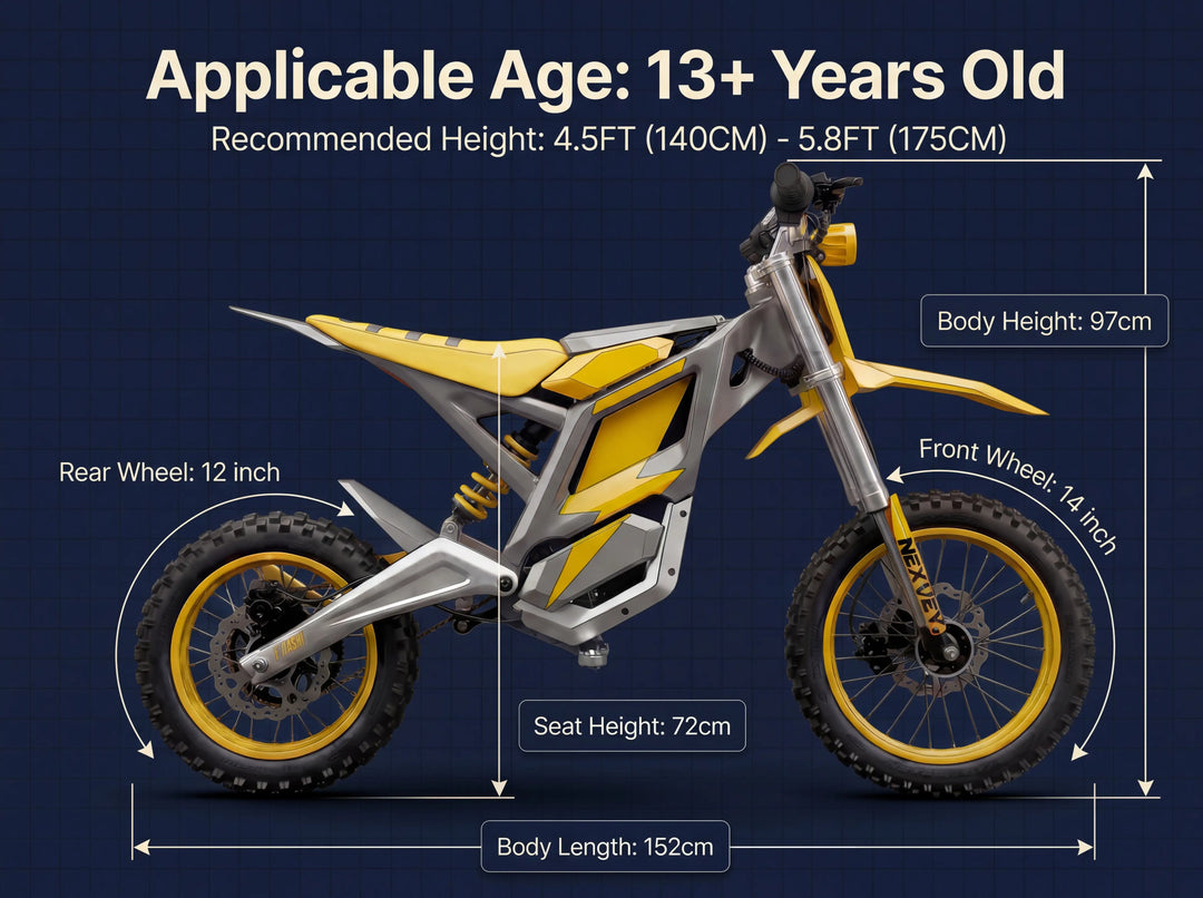 A detailed size specification chart for the yellow and grey NEXVEY FLASH electric dirt bike, indicating a 72cm seat height and 152cm body length, suitable for riders aged 13+ and 140cm to 175cm tall