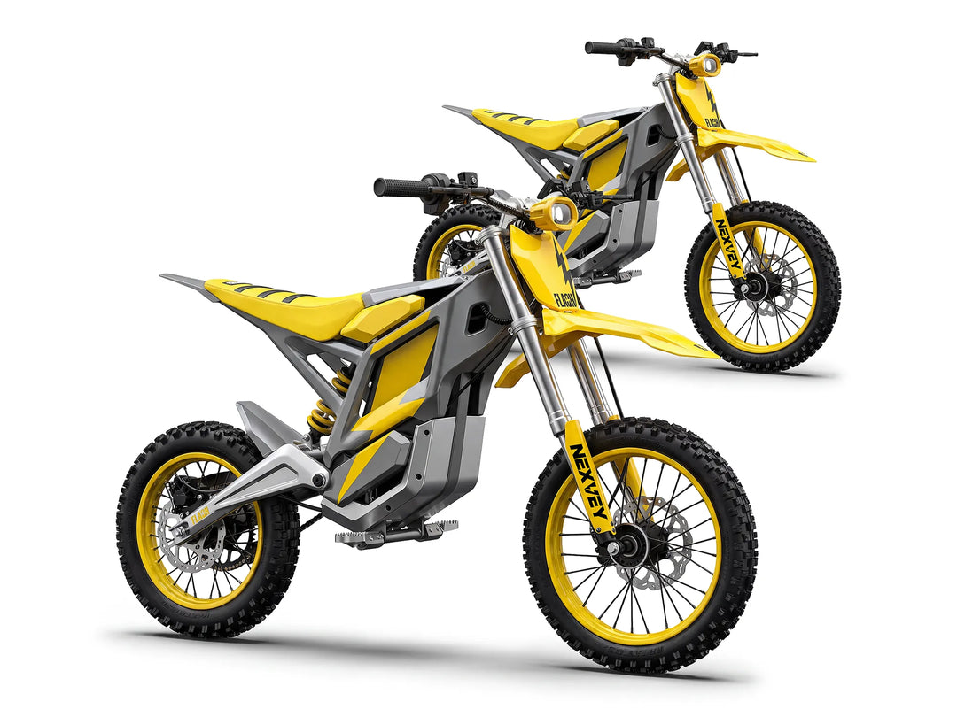 NEXVEY FLASH youth electric dirt bike 2-bike bundle in yellow duo on white background