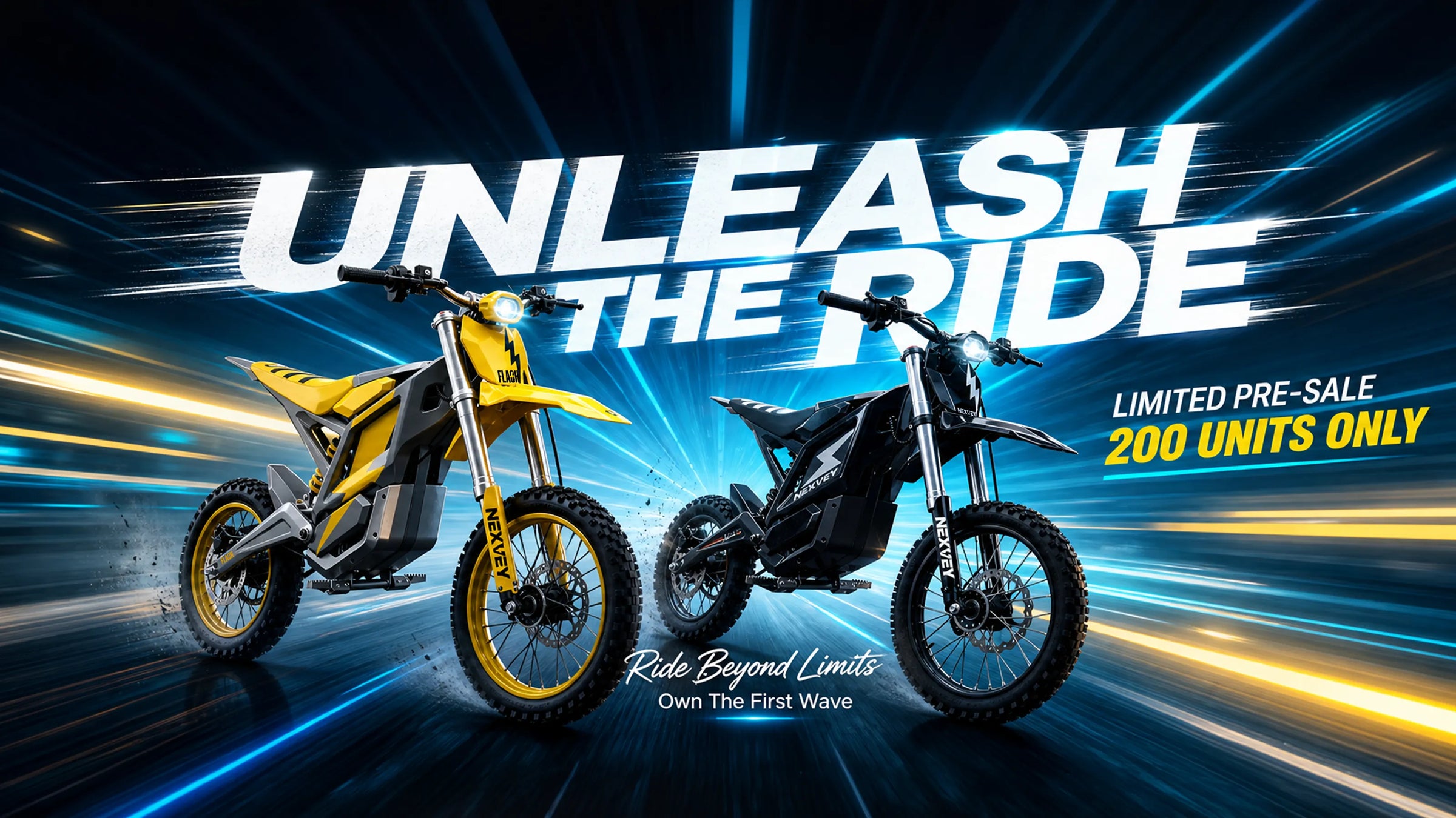 Nexvey Flash youth electric motorcycle limited pre-sale banner featuring yellow and black e-dirt bikes with text 'Unleash The Ride'.