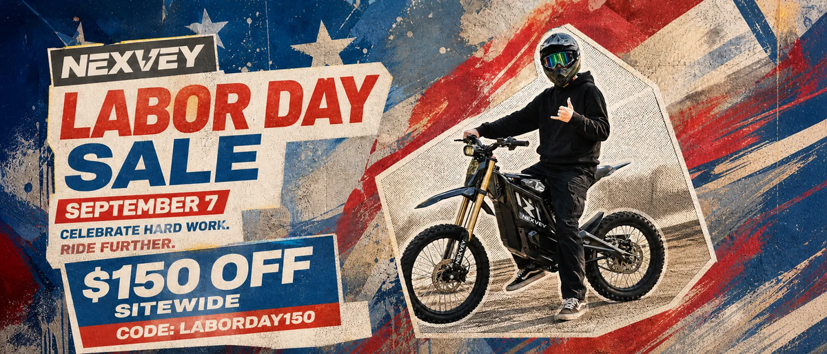 NEXVEY Back to School sale poster for youth electric motorbikes with code SCHOOL150 for $150 off.