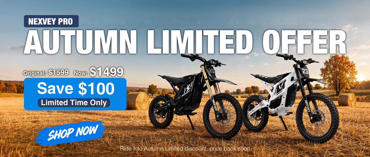 NEXVEY PRO Autumn Limited Offer: two electric dirt bikes in a harvest field, now $1,499—save $100.