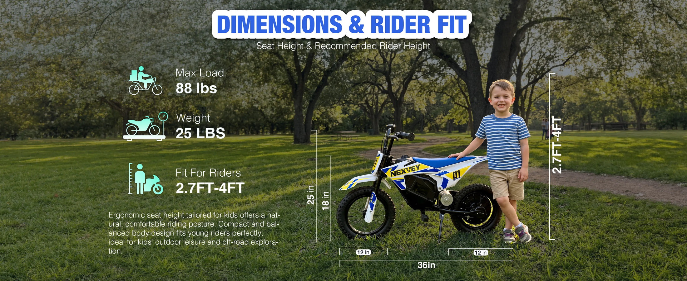 NEXVEY Spark 01 dimensions and rider fit for children ages 3 to 6