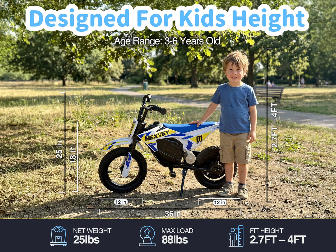 NEXVEY Spark 01 dimensions and rider fit for children ages 3 to 6