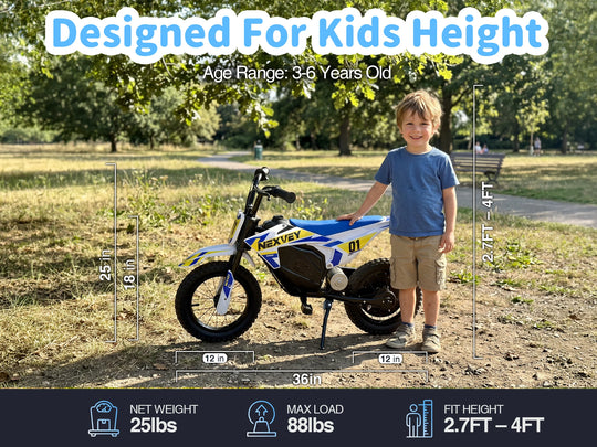 NEXVEY Spark 01 dimensions and rider fit for children ages 3 to 6