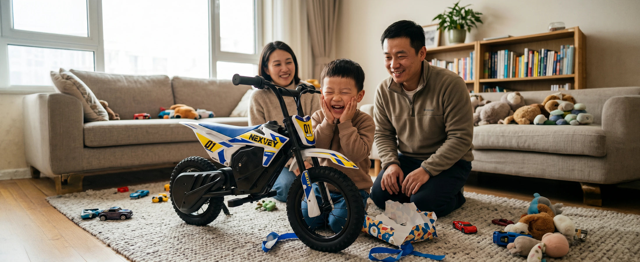 Family giving a NEXVEY Spark 01 electric dirt bike as a kids gift